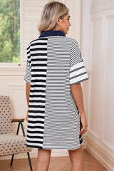 Black Striped Patchwork Collared Mini Dress