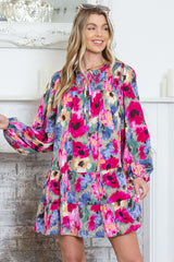 Multicolor Boho Floral Print Tie Neck Smocked Dress