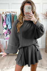 Mist Green Corded Bishop Sleeve Pullover and Ruffle Mini Skirt Set