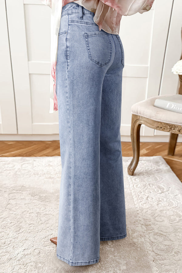 Beau Blue Button Zip Fly High Waist Flared Hem Jeans