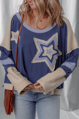 Dark Blue Knitted Colorblock Patchwork Star Patched Long Sleeve Top