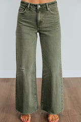Green Slight Distressed Raw Edge Wide Leg Jeans