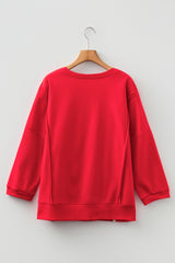 Fiery Red Floral Bow Patched Exposed Seam Patchwork Slit Baggy Sweatshirt