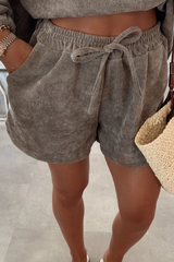Dark Brown Textured Knit Drop Shoulder Pullover Drawstring Shorts Set