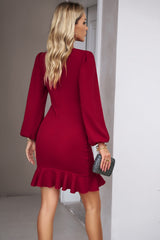 Black Solid Color Puff Sleeve Ruffle Mini Dress
