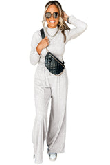 Light Grey Long Sleeve High Neck Slim Top Smocked Waist Central Seam Pants Set