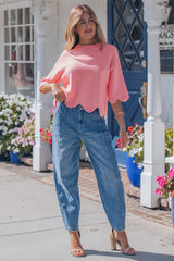 Myosotis Scalloped Hem 3/4 Sleeve Sweater Top