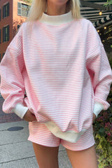 Pink Stripe Oversize Mock Neck Sweatshirt and Shorts Set