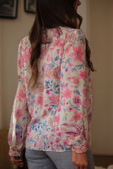 Pink Floral Print Lace Detail Button-up Long Sleeve Shirt