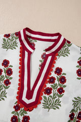 Black Plus Size Floral Print Ricrac Striped Trim Short Sleeve Cotton Blouse