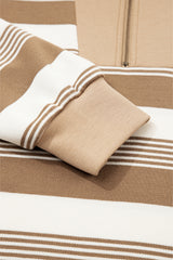 Khaki Striped Zipper Collar Pullover Sweatshirt
