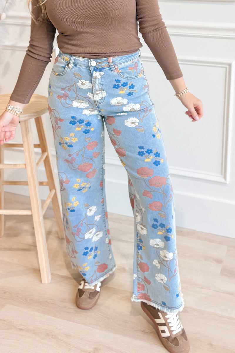 Sky Blue Floral Printed Raw Hem Shift Jeans