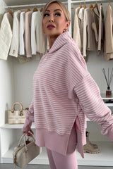 Purple Stripe Thumbhole Side Slits Drop Shoulder Loose Fit Hoodie