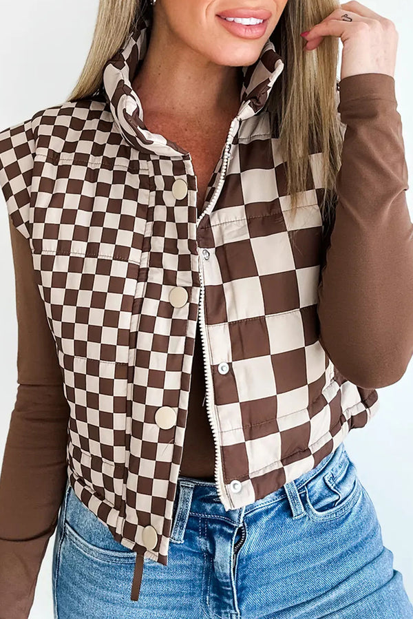 Brown Checkered Stand Collar Cropped Puffer Vest