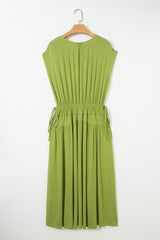 Fern Green Solid V Neck Cap Sleeve Tunic Elastic Waist Versatile Maxi Dress