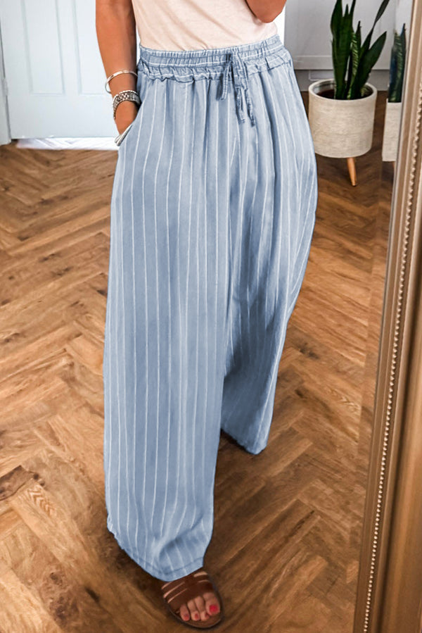 Sky Blue Stripe Chambray Wide Leg Tied Elastic Waist Trousers