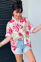 Pink Flower Print Striped Trim Frilled Collar Short Sleeve Shirt