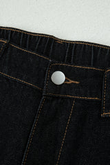 Navy Blue Embroidered Scalloped Trim Relaxed Denim Shorts