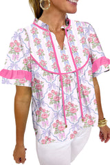 Purple Coquette Floral Bow Printed Contrast Ruffled Short Sleeve Blouse