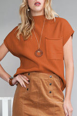 Dark Blue Patch Pocket Ribbed Knit Short Sleeve Sweater