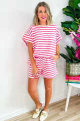 Rose Stripe Crew Neck T Shirt and Drawstring Shorts Set