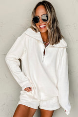 White Ribbed Collar Drop Shoulder Sweatshirt and Shorts Set