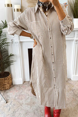 Brown Stripe Textured 3/4 Sleeve Round Hem Split Midi Shirt Dress