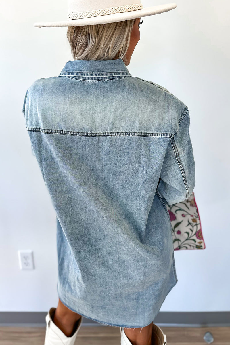 Beau Blue Chest Pocket Raw Hem Denim Loose Shirt Dress
