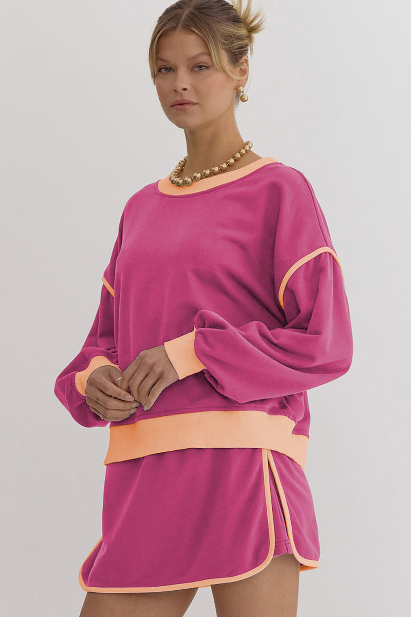 Rose Red Contrast Trim Loose Pullover and Lace-up Waist Skirt Set