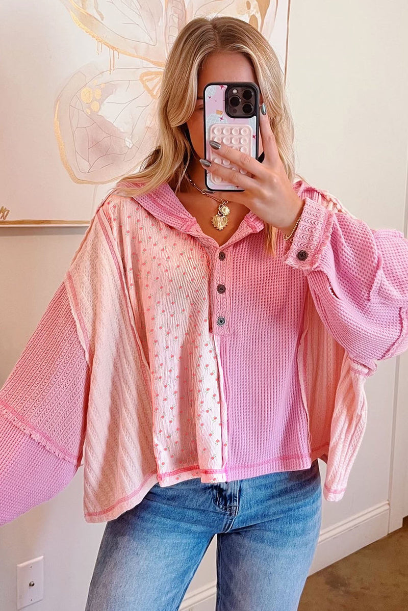 Pink Mixed Texture Waffle Floral Patchwork Hooded Oversized Pullover Top