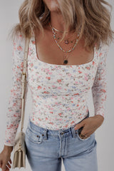 White Floral Print Slim Fit Square Neck Long Sleeve Top