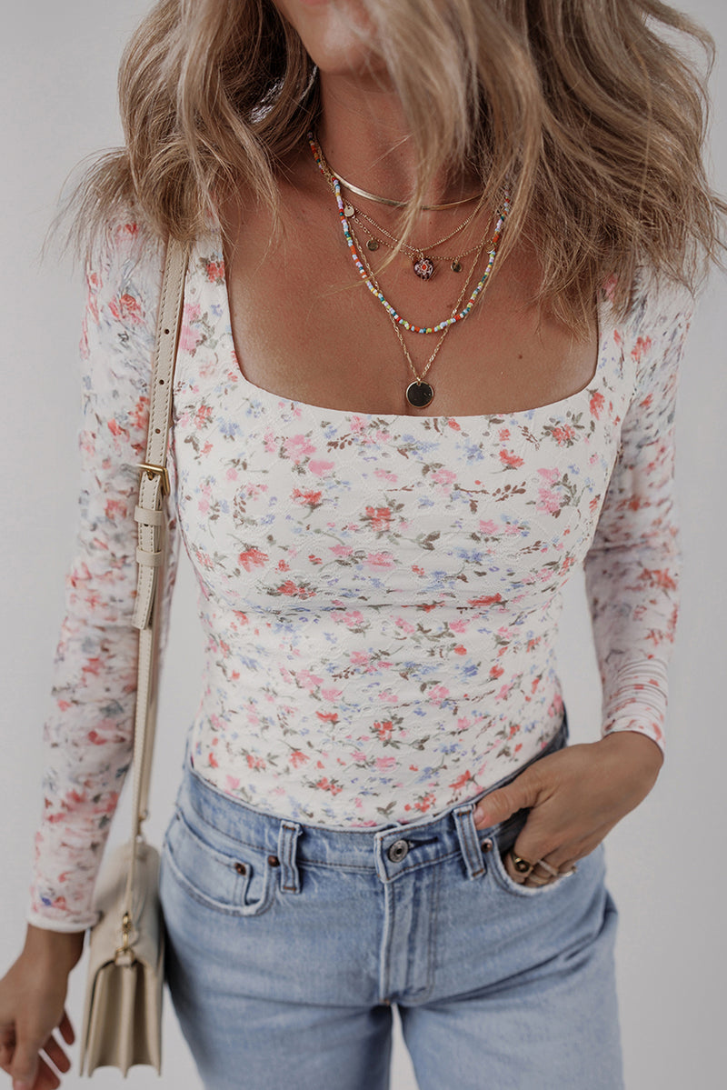 White Floral Print Slim Fit Square Neck Long Sleeve Top