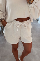 Black Textured Knit Drop Shoulder Pullover Drawstring Shorts Set