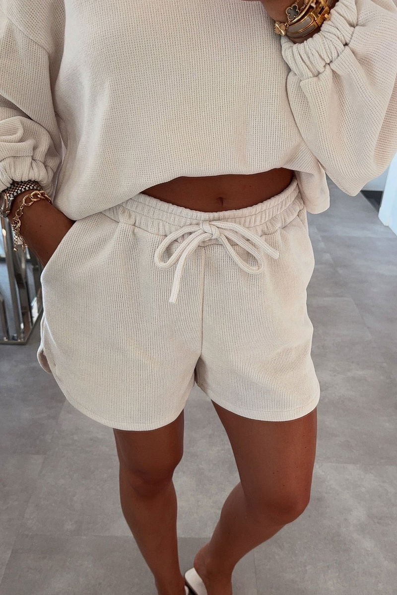 Black Textured Knit Drop Shoulder Pullover Drawstring Shorts Set