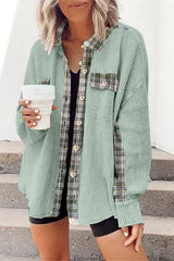Grass Green Plaid Patchwork Waffle Thermal Knit Shacket