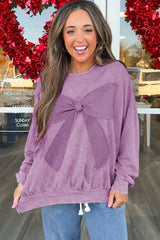 Orchid Bouquet Mineral Wash Waffle Bow Patched Pullover Sweatshirt