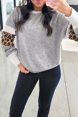 Gray Leopard Print Colorblock Patchwork Ribbed Knit Top
