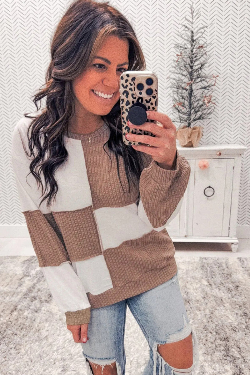 Dark Khaki Colorblock Checkered Raw Seamed Pullover