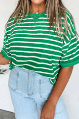 Green Stripe Ribbed Patchwork Seam Detail Half Sleeve Tee