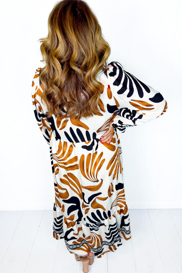 White Plus Size Abstract Print Contrast Collar Split Neck Shift Long Dress