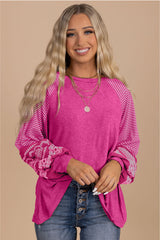 Tillandsia Purple Contrast Print Striped Raglan Long Sleeve Loose Top