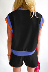 Coffee Color Block Loose Fit Top & Wide Leg Shorts Set