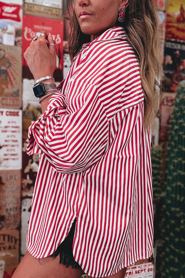 Red Striped Pocket Side Slit Loose Shirt