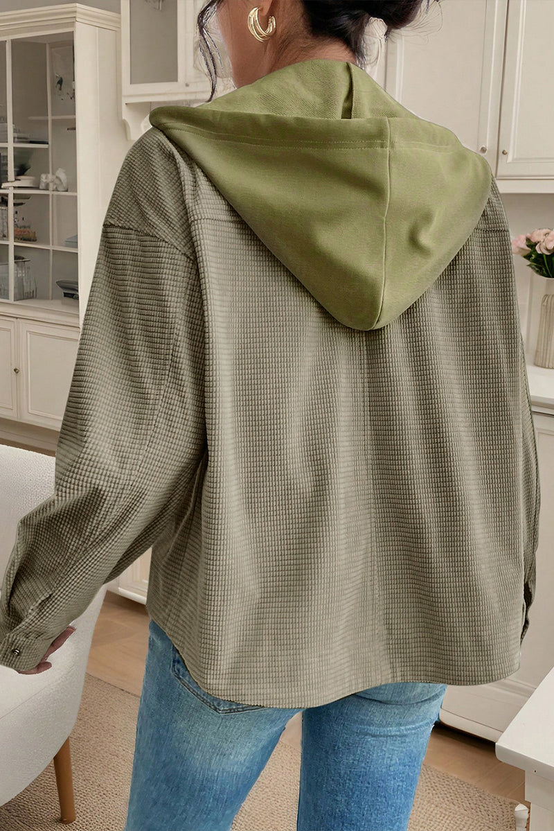 Beige Solid Color Textured Patchwork Flap Pocket Shacket