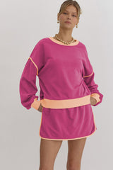 Rose Red Contrast Trim Loose Pullover and Lace-up Waist Skirt Set