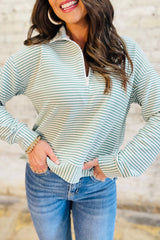 Green Stripe Quarter Zip Collar Long Sleeve Top