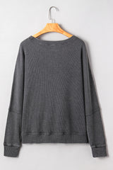 Mist Green Ribbed Plain Long Sleeve Loose Top