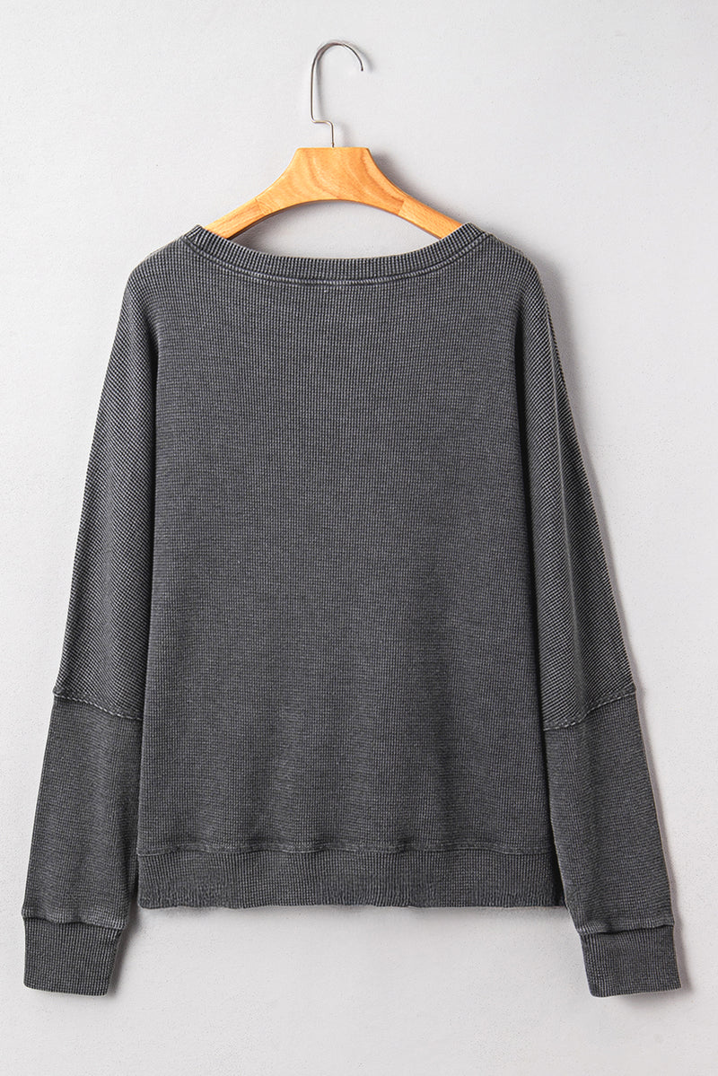Mist Green Ribbed Plain Long Sleeve Loose Top