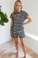 Black White Striped Short Sleeve Tee and Shorts Set