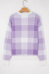 Lilac Plaid Print Ribbed Trim Loose Sweater